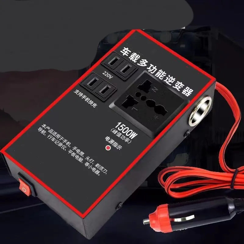 Black automotive power converter with 220V socket and 4 USB ports for 12V/24V vehicle systems