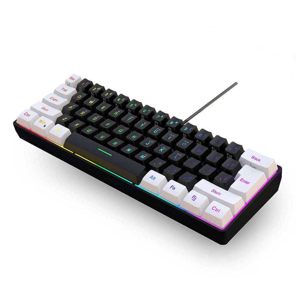 61 key wired membrane USB keyboard in white and black colour variant on desk
