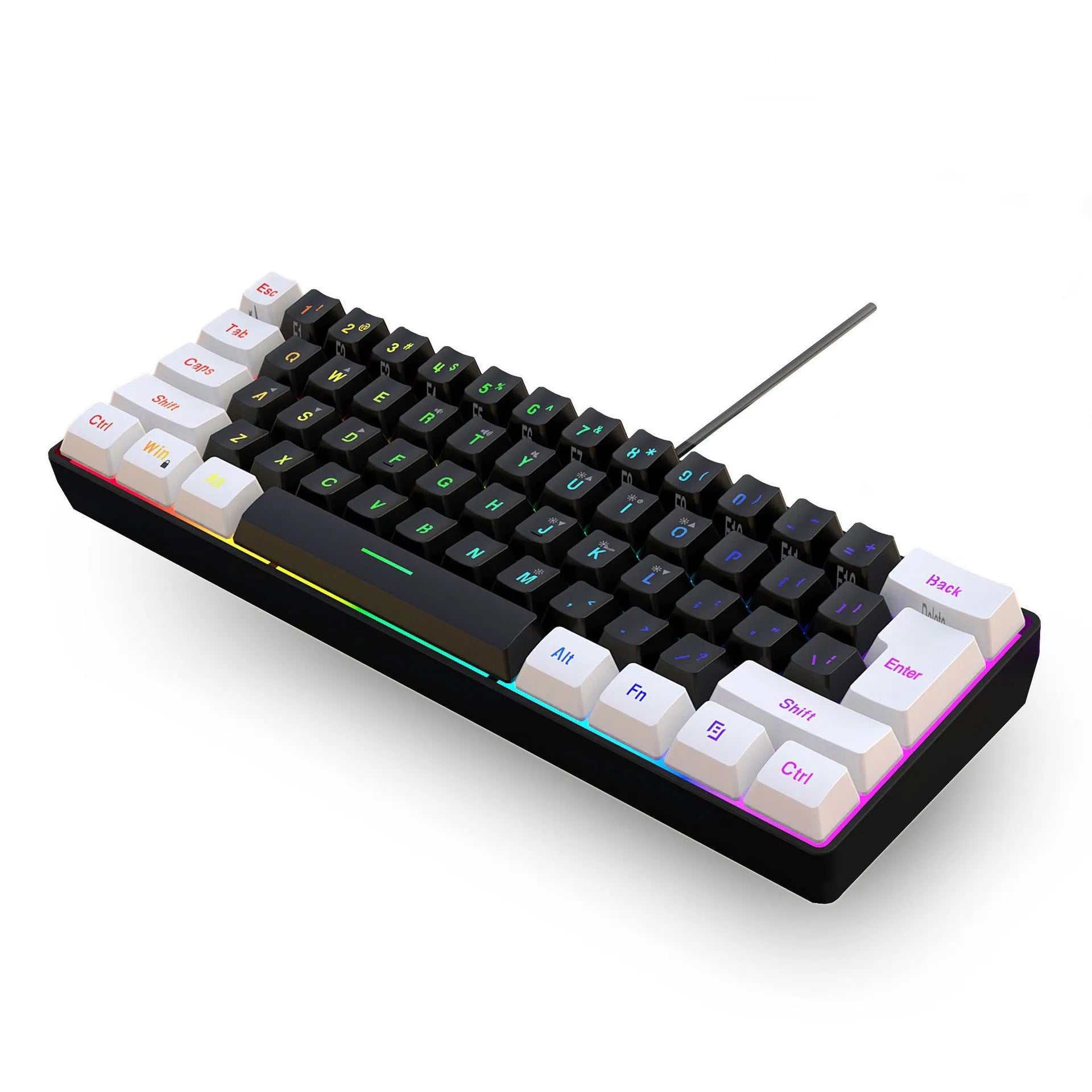 61 key wired membrane USB keyboard in white and black colour variant on desk