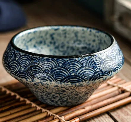 Japanese ceramic tall soup bowl with underglaze decoration in stone conch bowl pattern