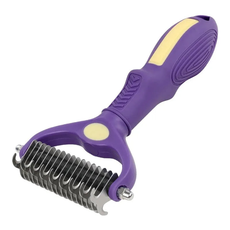 Purple double-sided plastic pet comb for untying knots on dogs and cats.