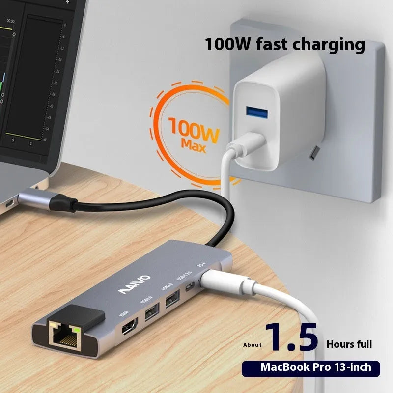 Aluminium Steam Deck six-in-one docking station with Type-C cable, HDMI, Ethernet, and USB ports.