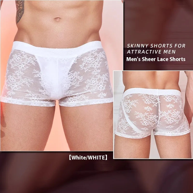 Men's black lace boxer briefs made from nylon fabric, laid flat.
