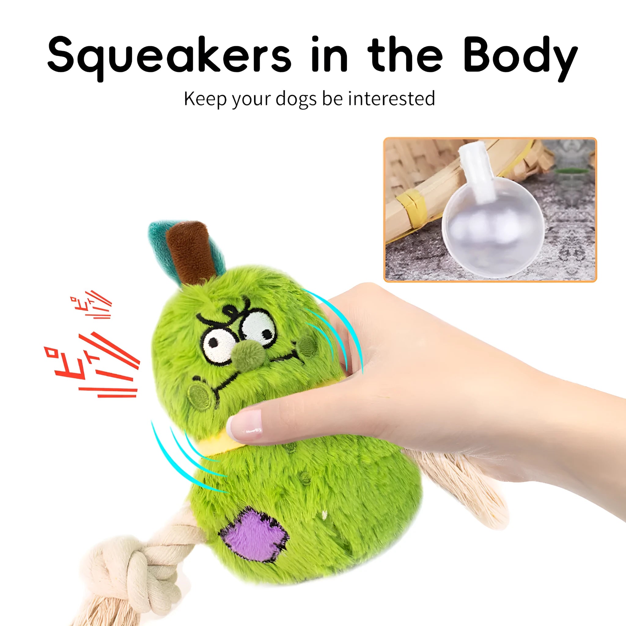 Green and purple interactive dog plush toy with integrated rope knot for tug-of-war games.
