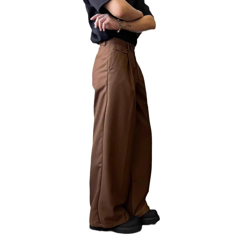 Men's straight leg trousers in black or brown with wide-leg casual styling
