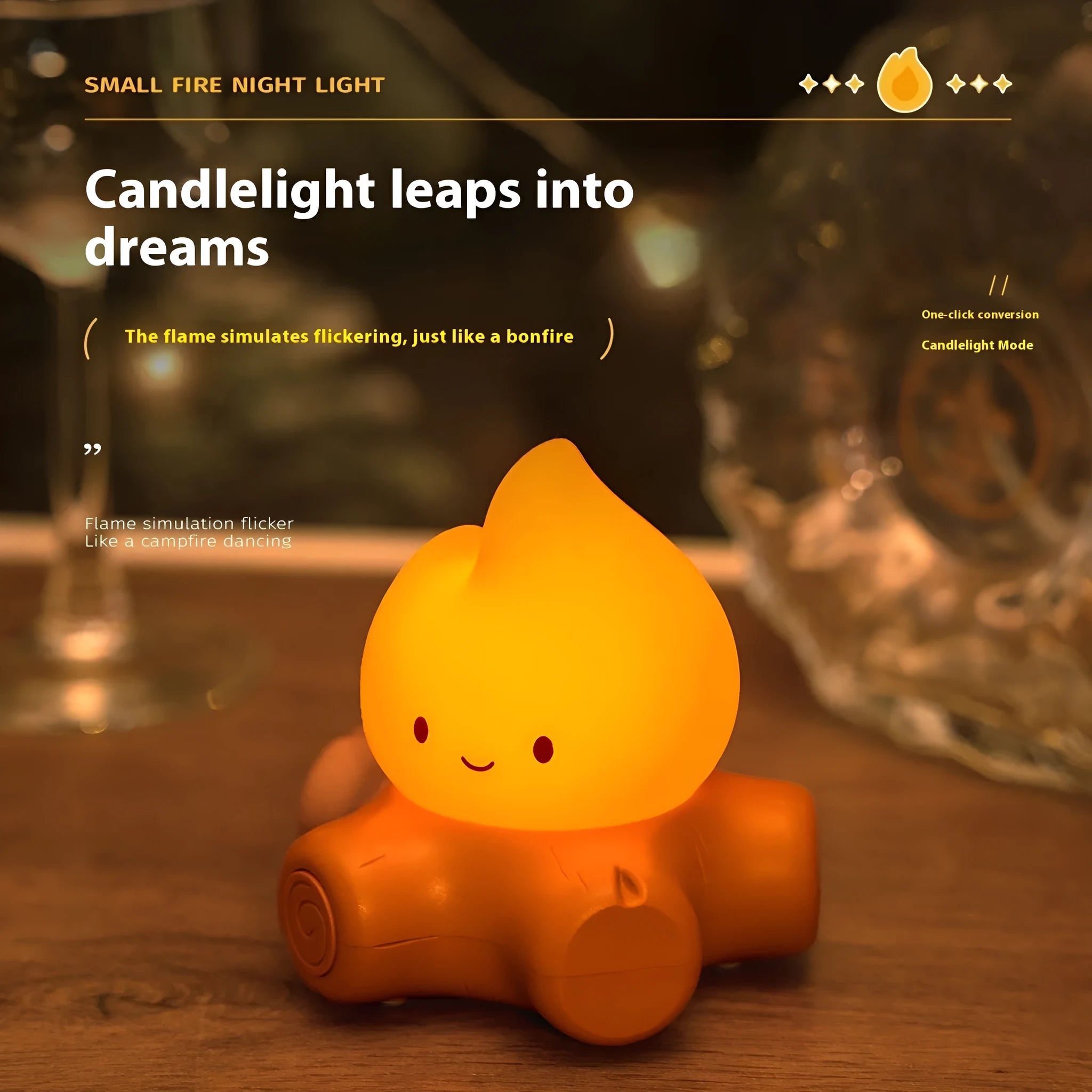 Silicone small fire pile cartoon night light on a surface, showing its yellow glow and compact size.