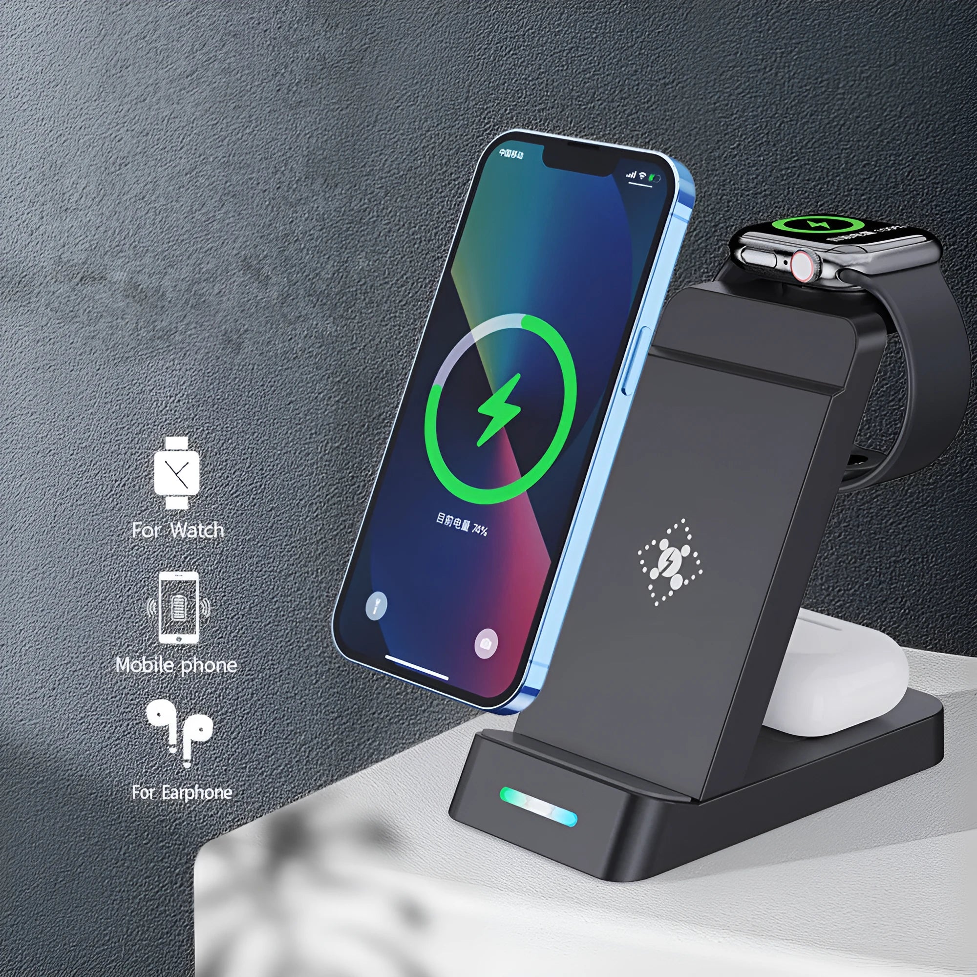 Black 3-in-1 wireless charging station for phone, Apple Watch, and AirPods on a desk