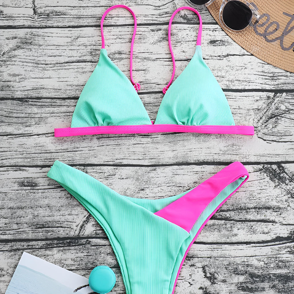Women's two-piece nylon swimsuit briefs set in a pattern design, showing bra and matching bikini bottoms.
