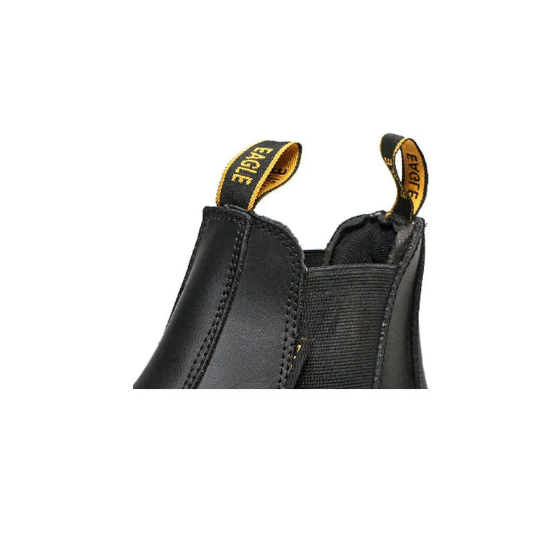 Black leather safety boots with high-top design and anti-piercing sole protection