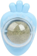 Blue carrot-shaped catnip ball with self-adhesive sticker for wall mounting and cat teeth cleaning