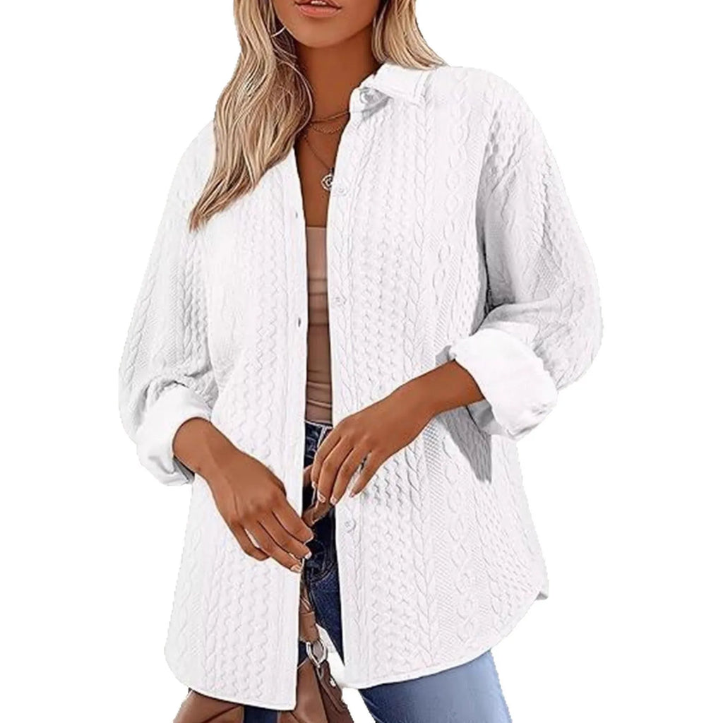 Women's solid colour long-sleeved knitted cardigan sweater shown in black, white, and khaki.