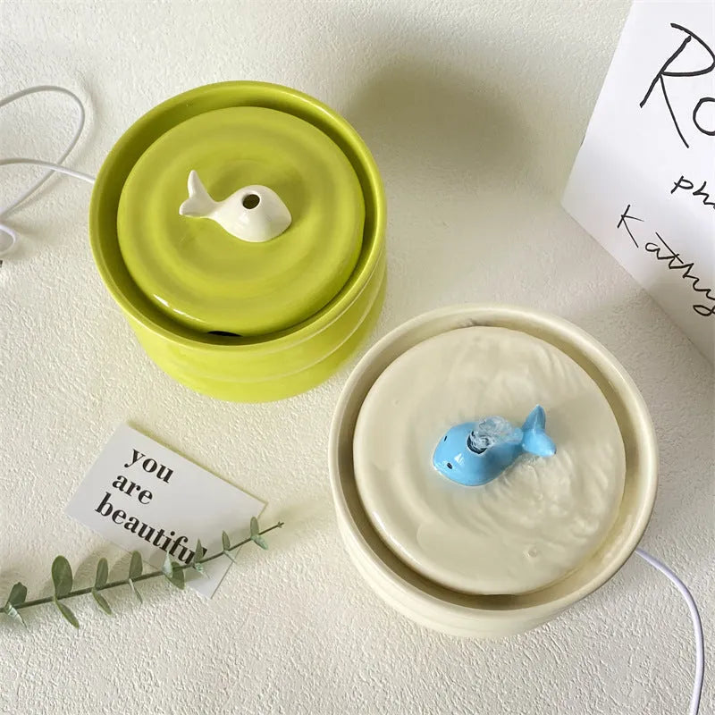 Grass green ceramic cat water fountain with whale-shaped automatic circulation dispenser and pump accessory options