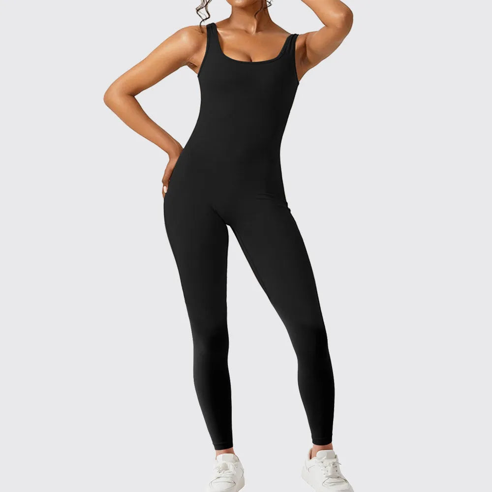 Women's sleeveless flare jumpsuit long pants in high-elasticity polyester for yoga and fitness