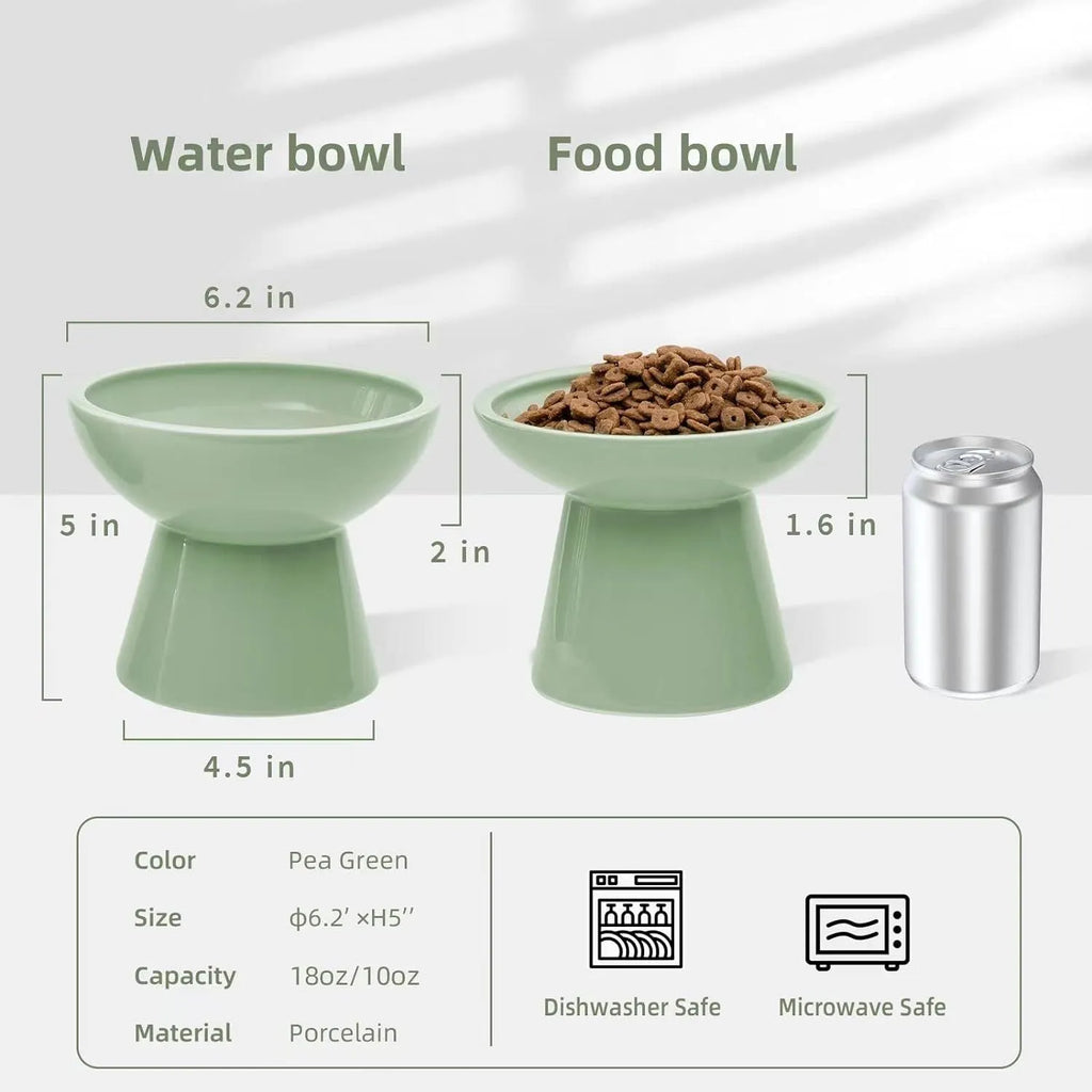 Elevated ceramic cat bowl with wide shallow dish in blue, green, pink or white colours
