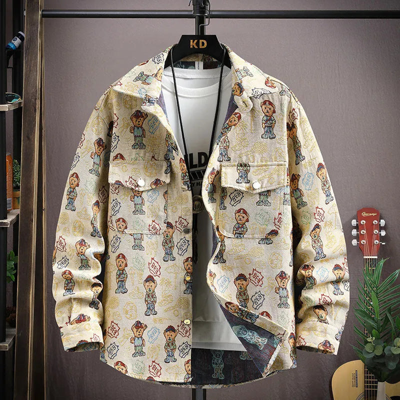 Casual lapel shirt coat in polyester fabric showing straight hem and long sleeve design