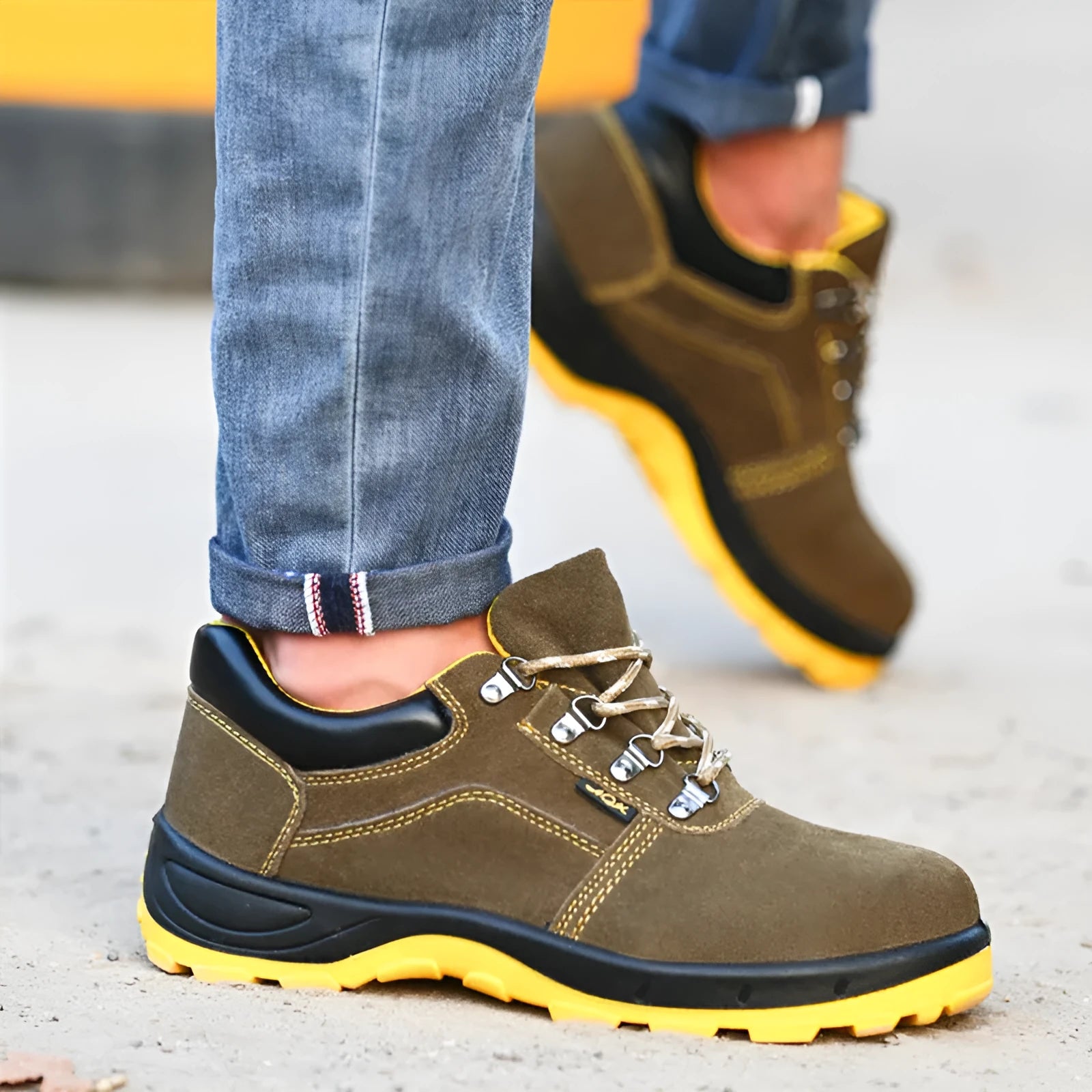 Bronze men's steel toe safety shoes with cow suede leather upper and solid rubber soles