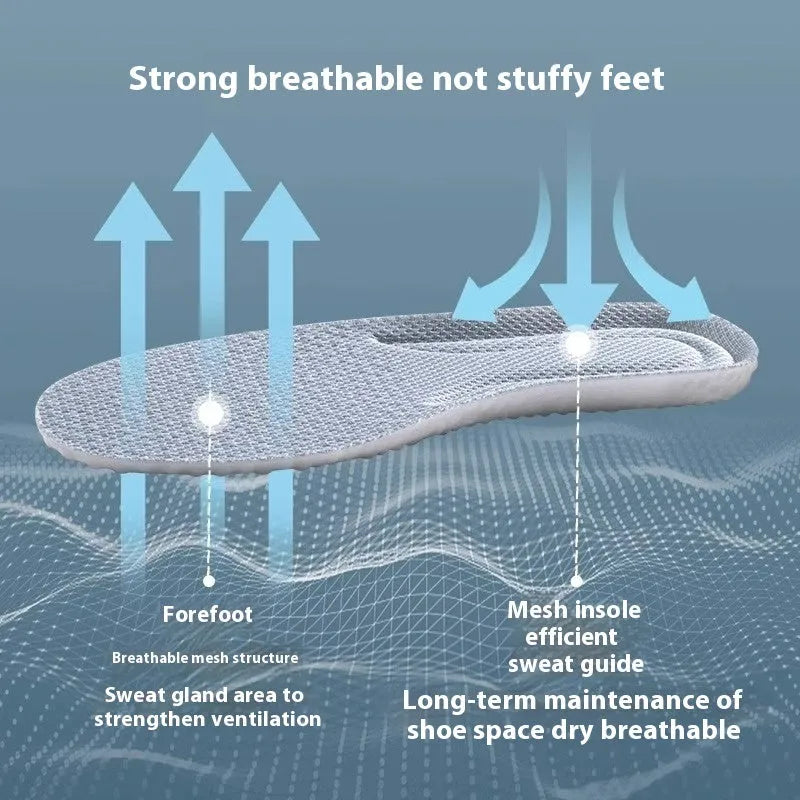 A pair of breathable, soft grey PU sports shoe insoles on a white background, showing their textured surface.