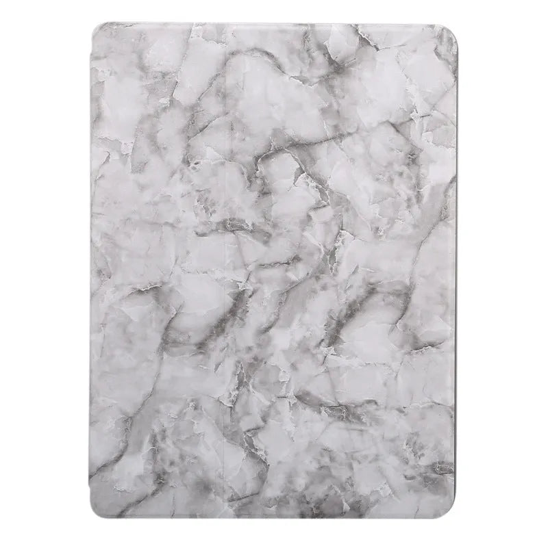 iPad tri-fold marbling imitation leather case with pen slot and card holder in multiple colours.