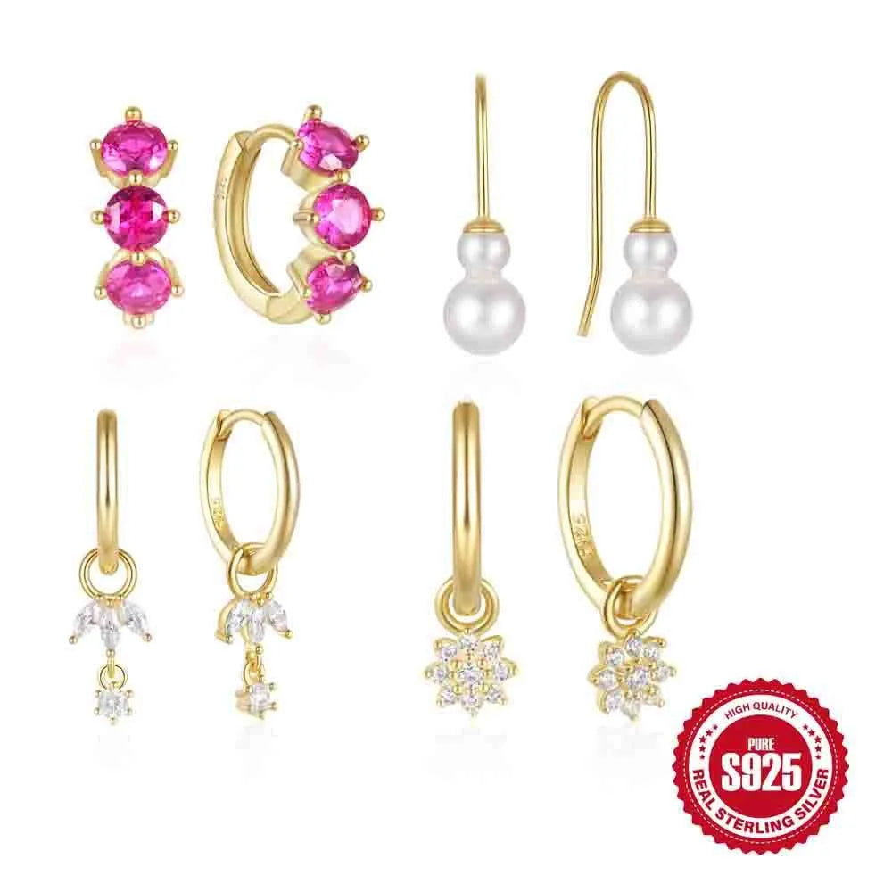 Geometric sunflower earrings in golden S925 sterling silver with inlaid zircon stones.