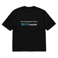 Black men's t-shirt with a colourful 3D cartoon print, featuring a round neck and short sleeves.