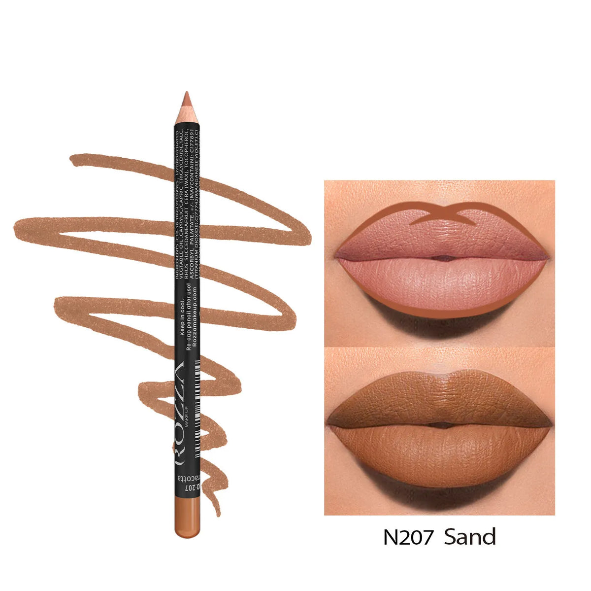 Matte finish lip liner pencil in wooden casing, shown in one of 14 available shades including nudes and reds.