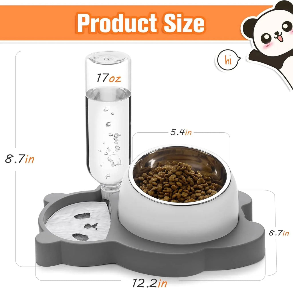 Panda-shaped elevated pet food and water bowl set with automatic dispenser bottle on stable base