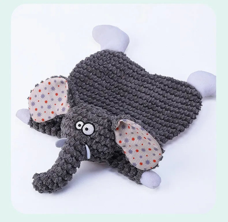 Brown velvet fox elephant pet toy with crinkly paper sound effects inside for cats and dogs