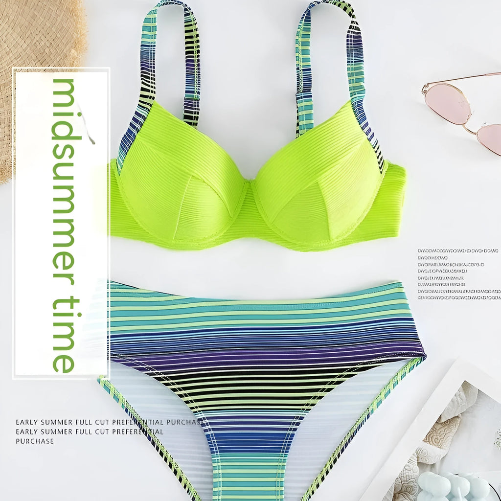 Green women's halter bikini set with sleeveless top and split briefs on a mannequin.
