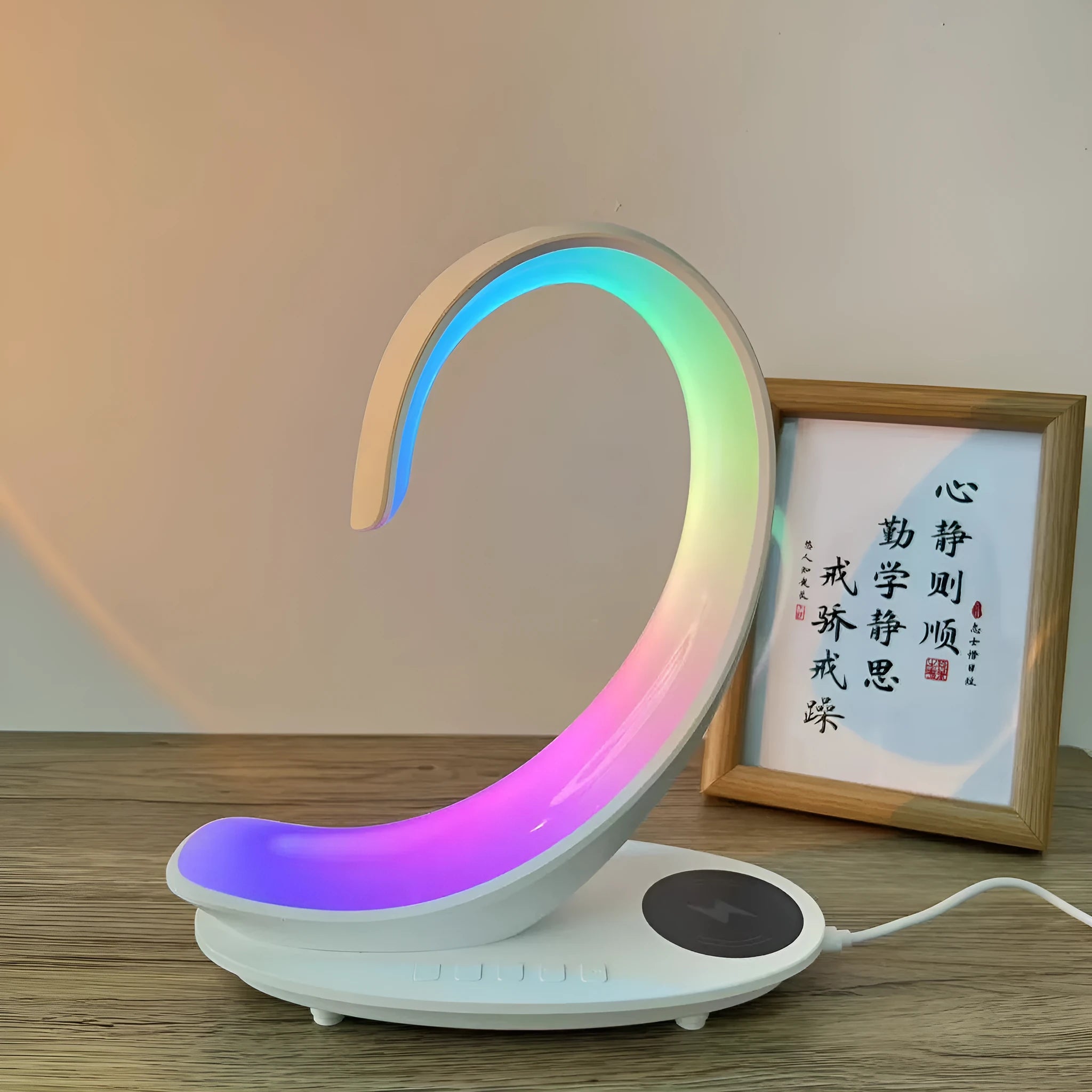 White swan animal figure desktop wireless charger with Bluetooth speaker and colourful atmosphere light