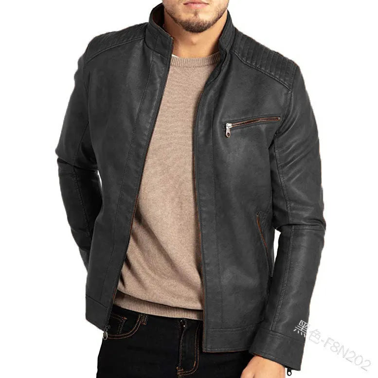 Men's brown artificial leather punk motorcycle jacket with a stand collar and patch pocket.