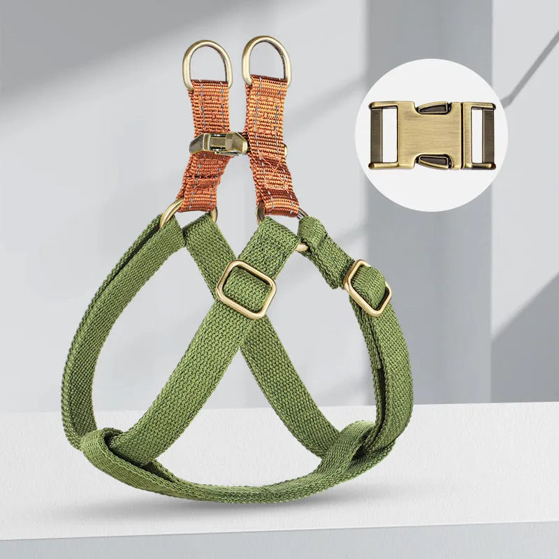 Brown vest-style anti-loss dog leash with adjustable sizing and alloy fastener