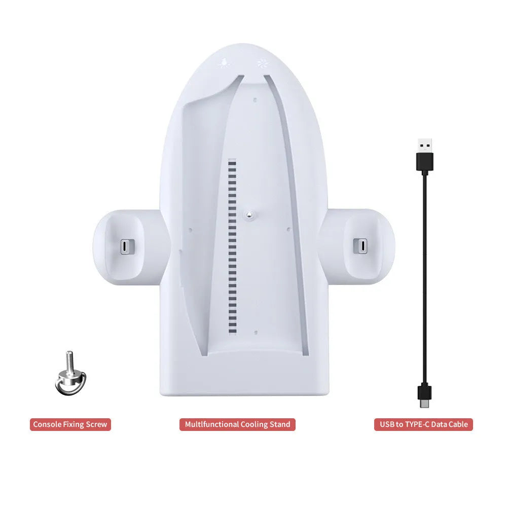 White PS5 slim cooling pad with RGB lighting and charging belt on 29cm ABS platform
