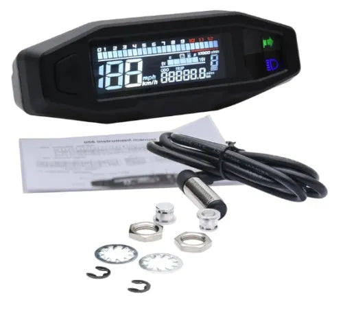 Black motorcycle mini digital speedometer with LCD screen displaying speed, tachometer, and fuel gauge.