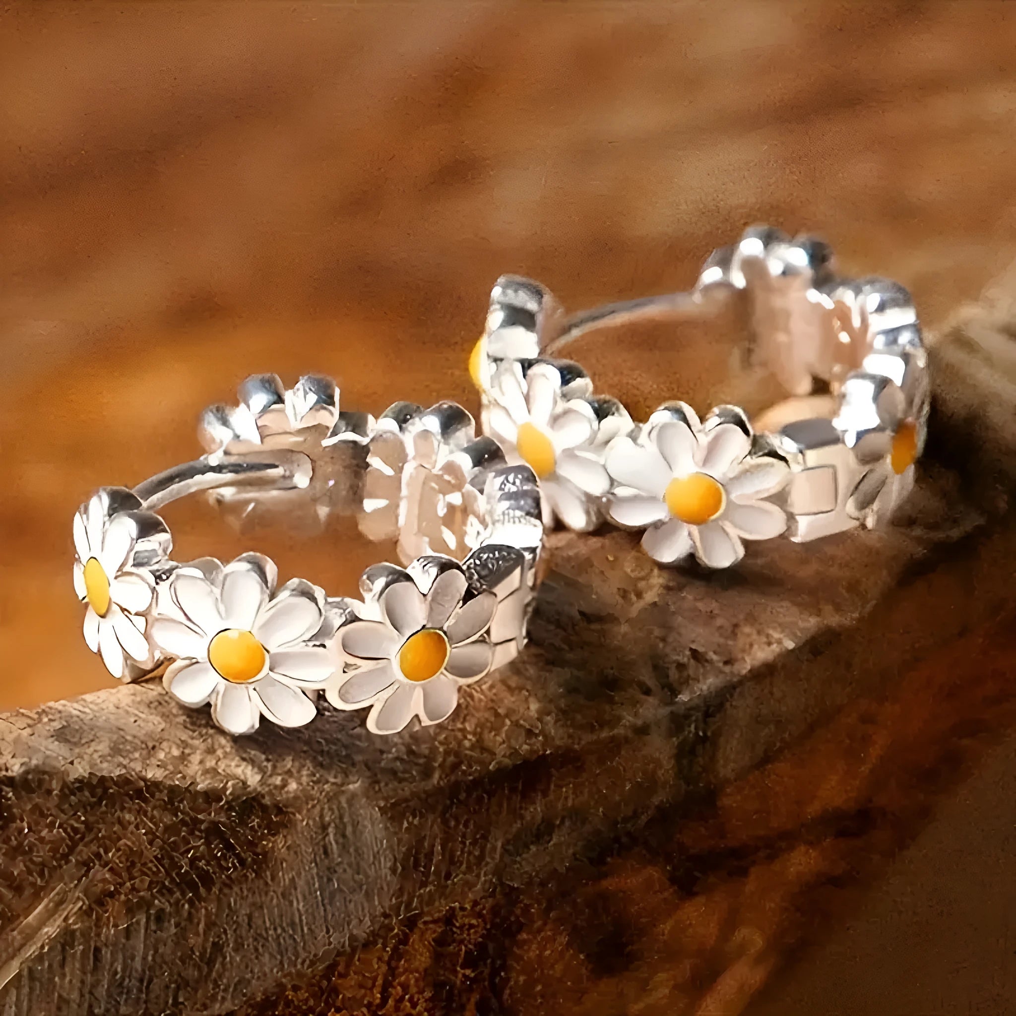 White daisy flower ring earrings with platinum gem accents on electroplated copper