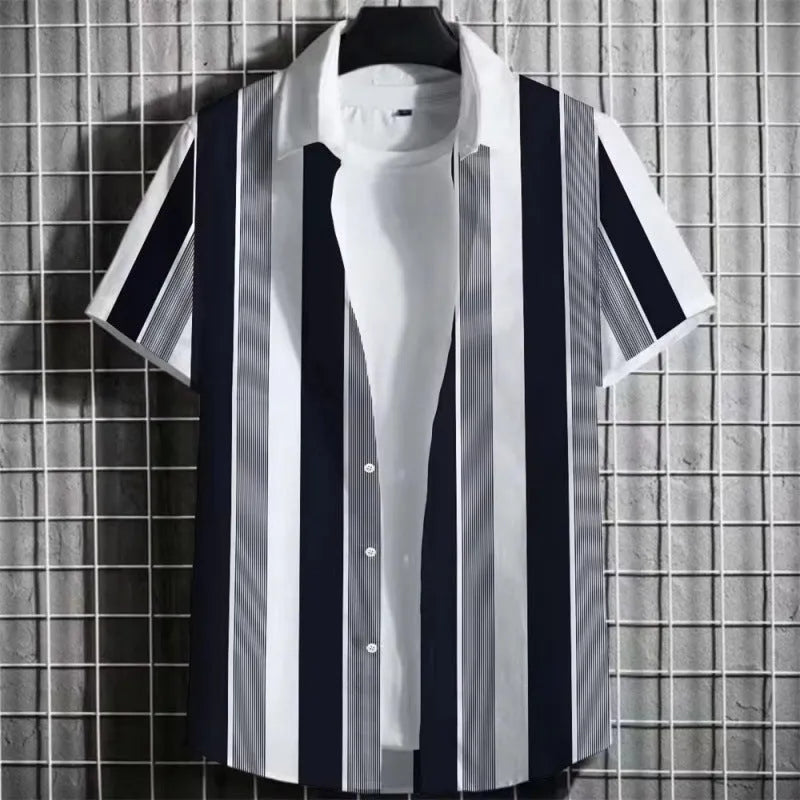 Men's striped short sleeve T-shirt with 3D printed pattern on linen fabric