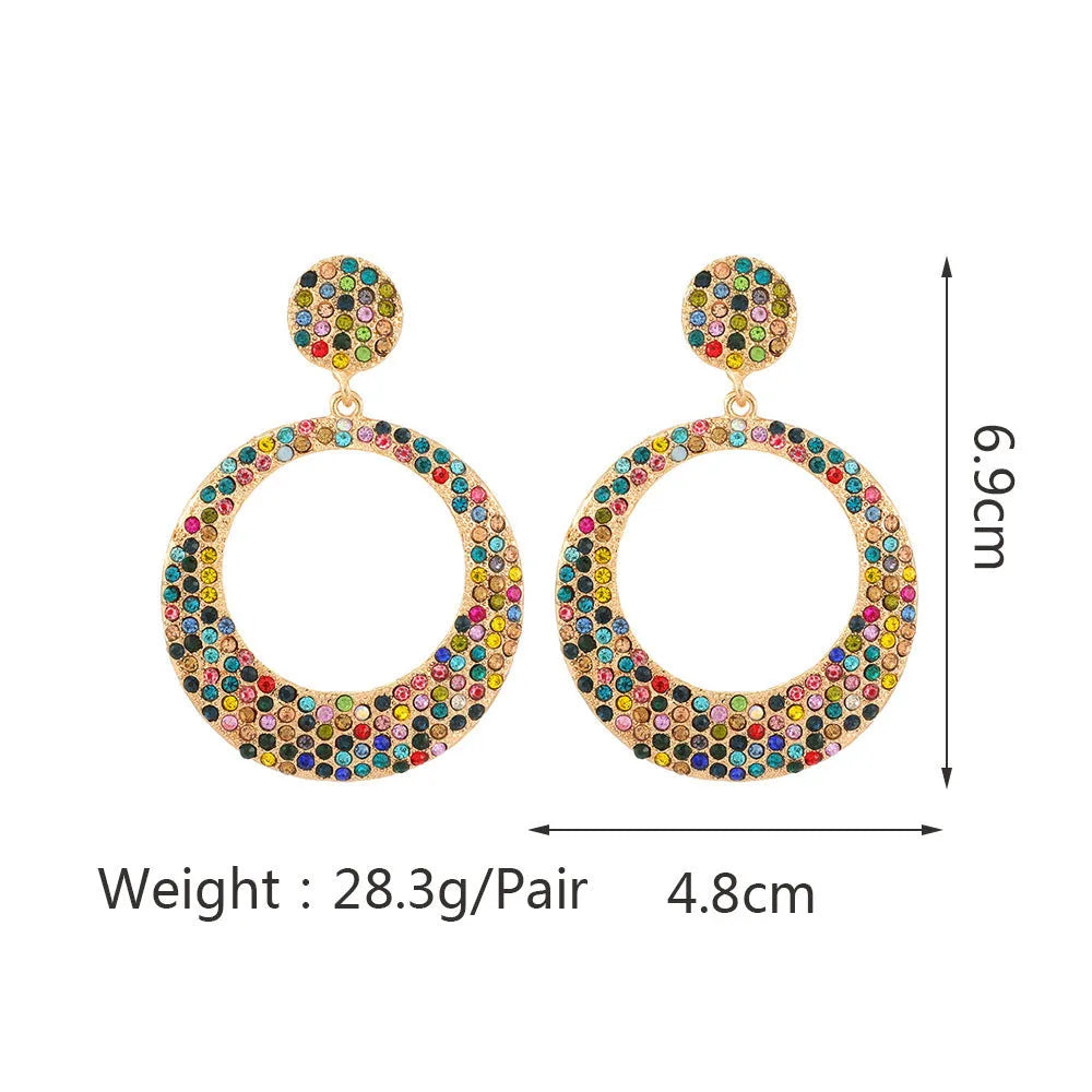 Women's colourful cartoon-style metal pendant earrings with large round design and diamond elements