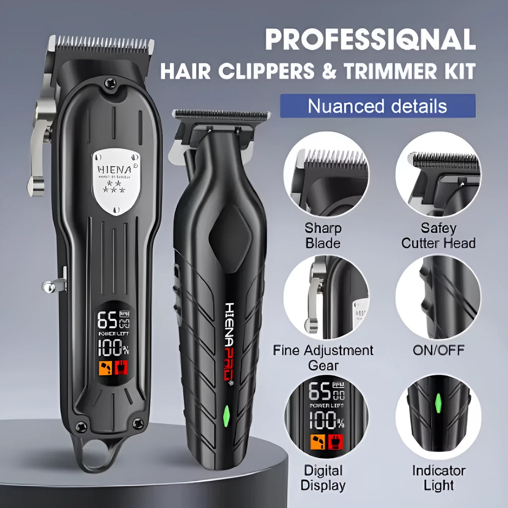 Black professional hair clipper set with aluminium foil shaver, showing LCD display and USB charging port.