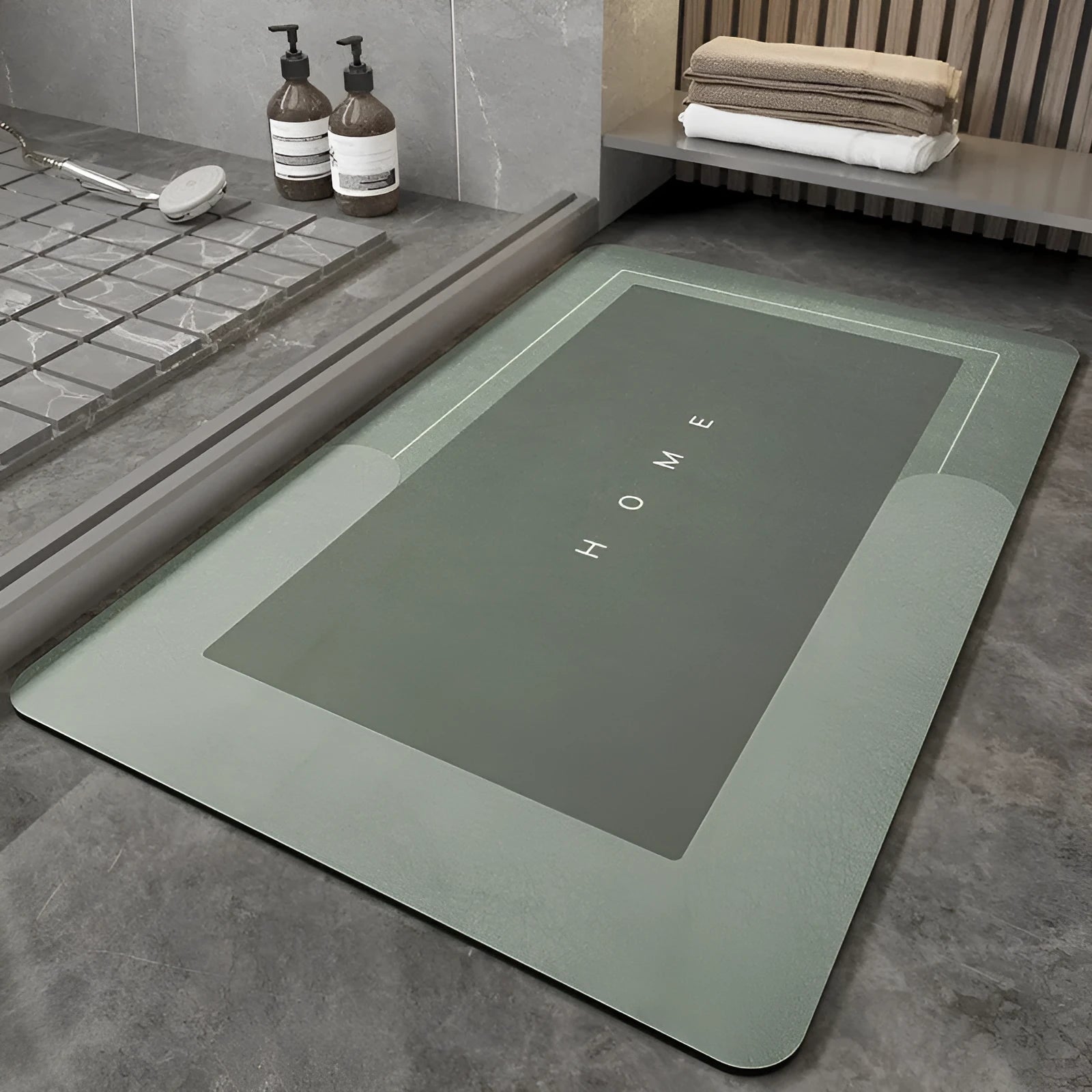 Blended fabric bathroom floor mat in blue colour, rectangular shape, on a tiled floor.