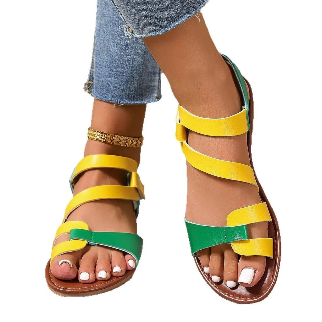 Women's flat sandals with Velcro strap in black, brown and colourful pattern options