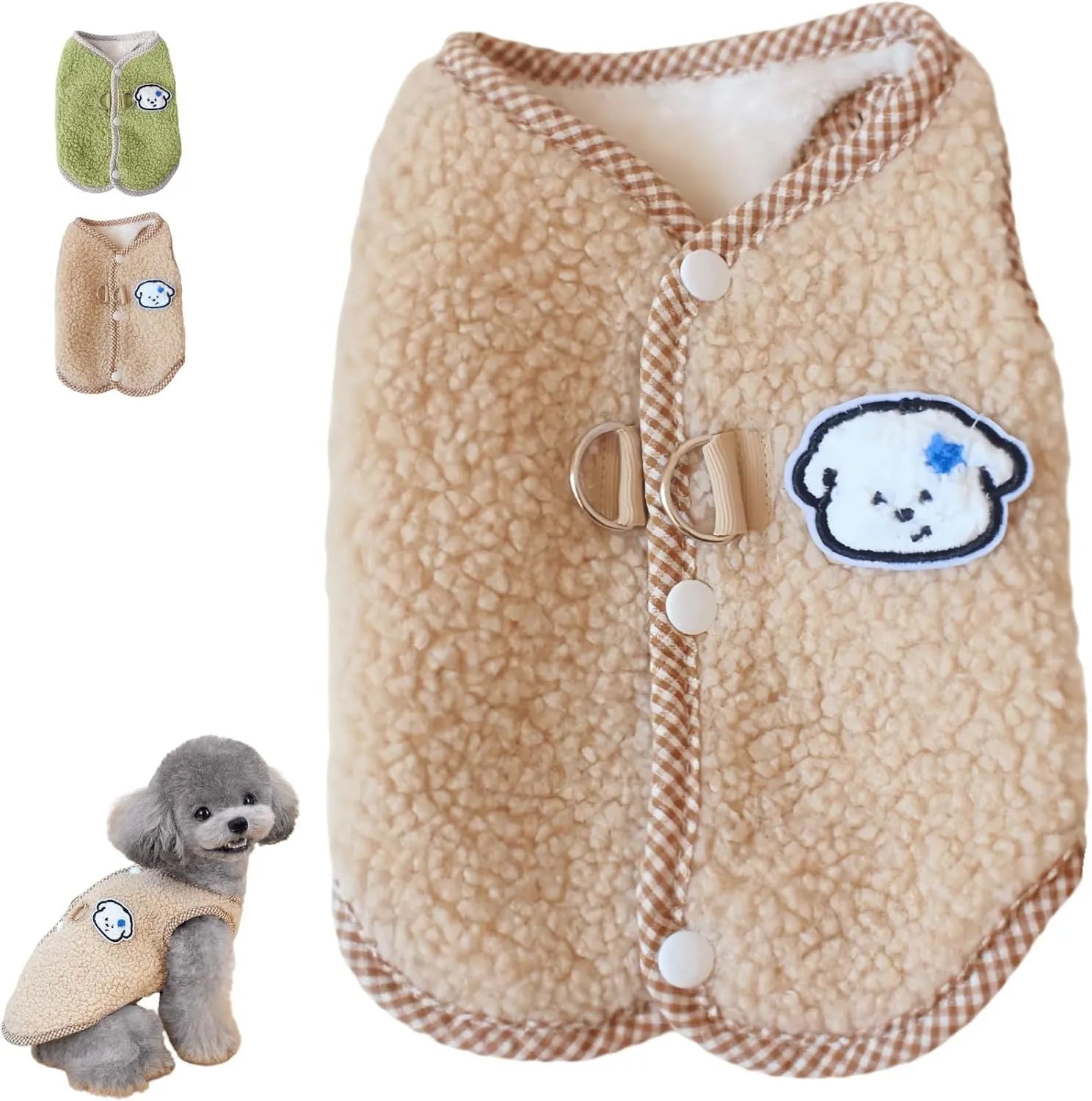 Green coral fleece dog sweatshirt vest with leash ring for small pets