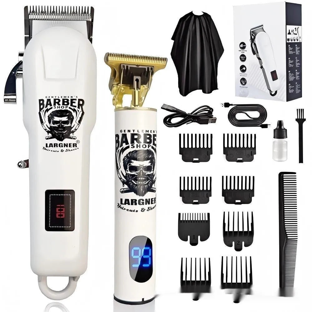 Rechargeable hair clipper with USB cable and set of four stainless steel cutter heads on a white background