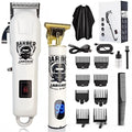 Rechargeable hair clipper with USB cable and set of four stainless steel cutter heads on a white background