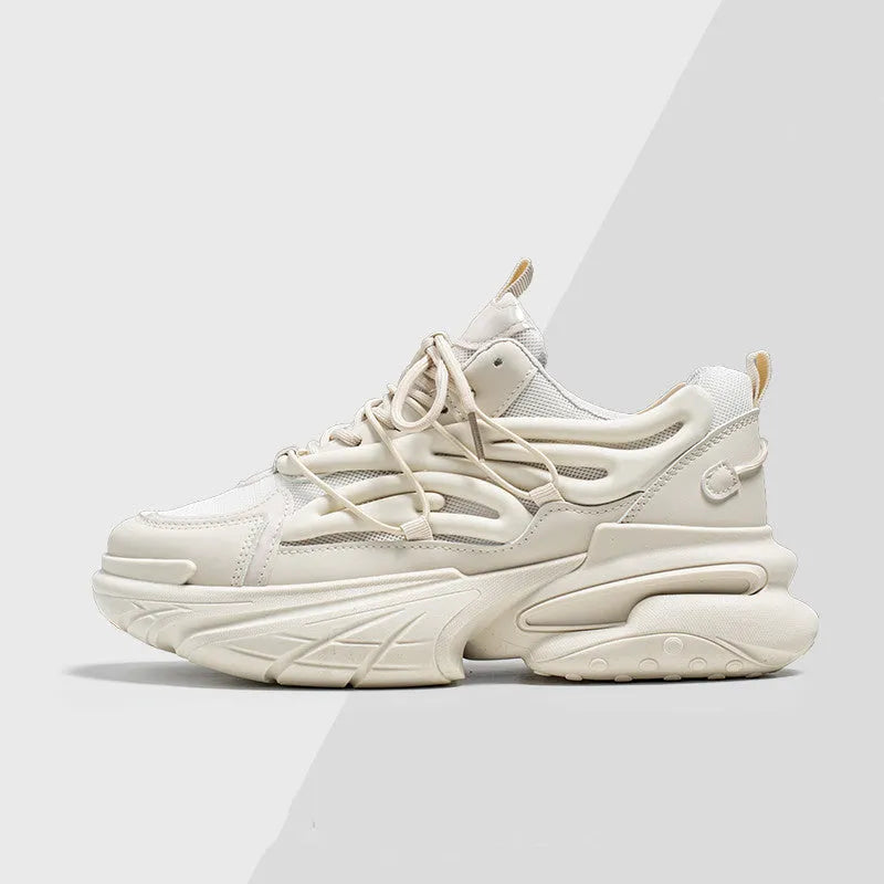 Men's beige mesh sneaker with PU leather upper and rubber sole showing lace-up front design