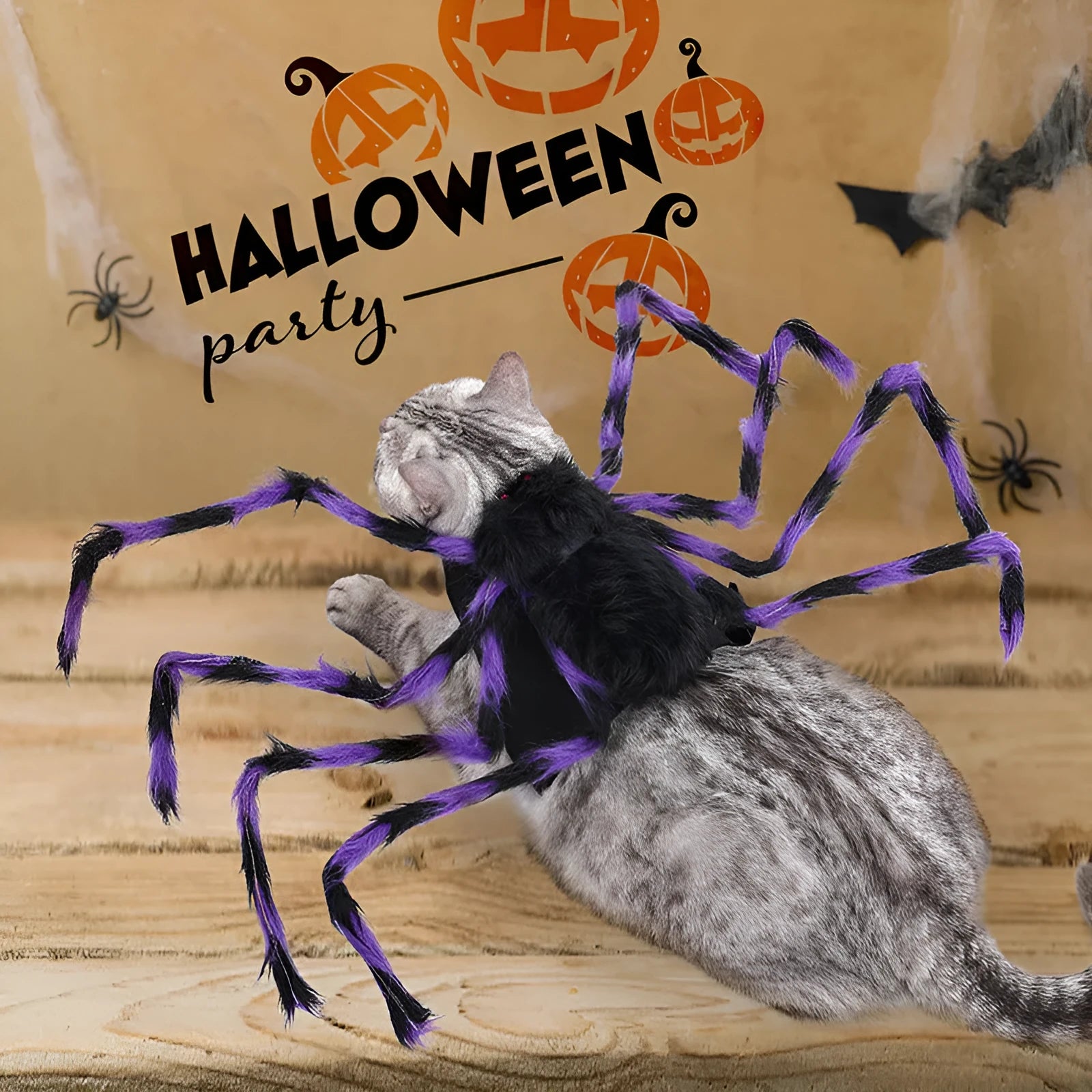 Halloween spider costume for dog or cat in black and purple colours with stretchy polyester fabric