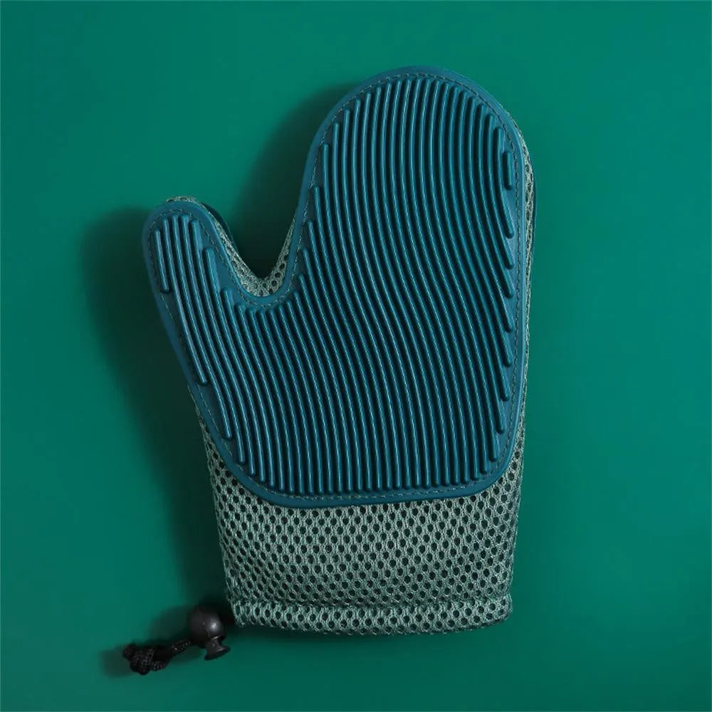Right hand pet hair removal glove in dark blue, light green or yellow for cat and dog grooming
