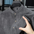 Men's loose fit linen shirt with stand collar in black grey colour