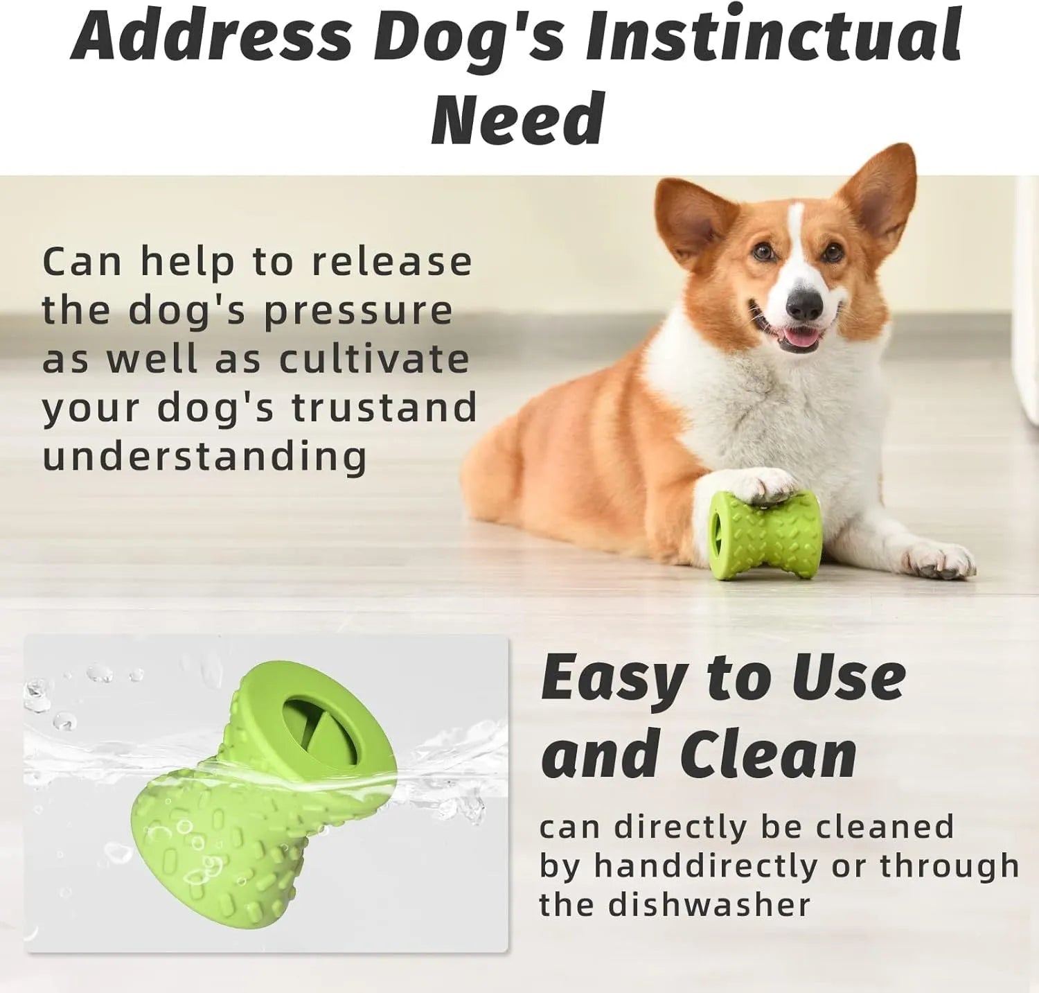 Blue durable rubber dog chew bone toy with hollow treat-dispensing centre and leakage holes.