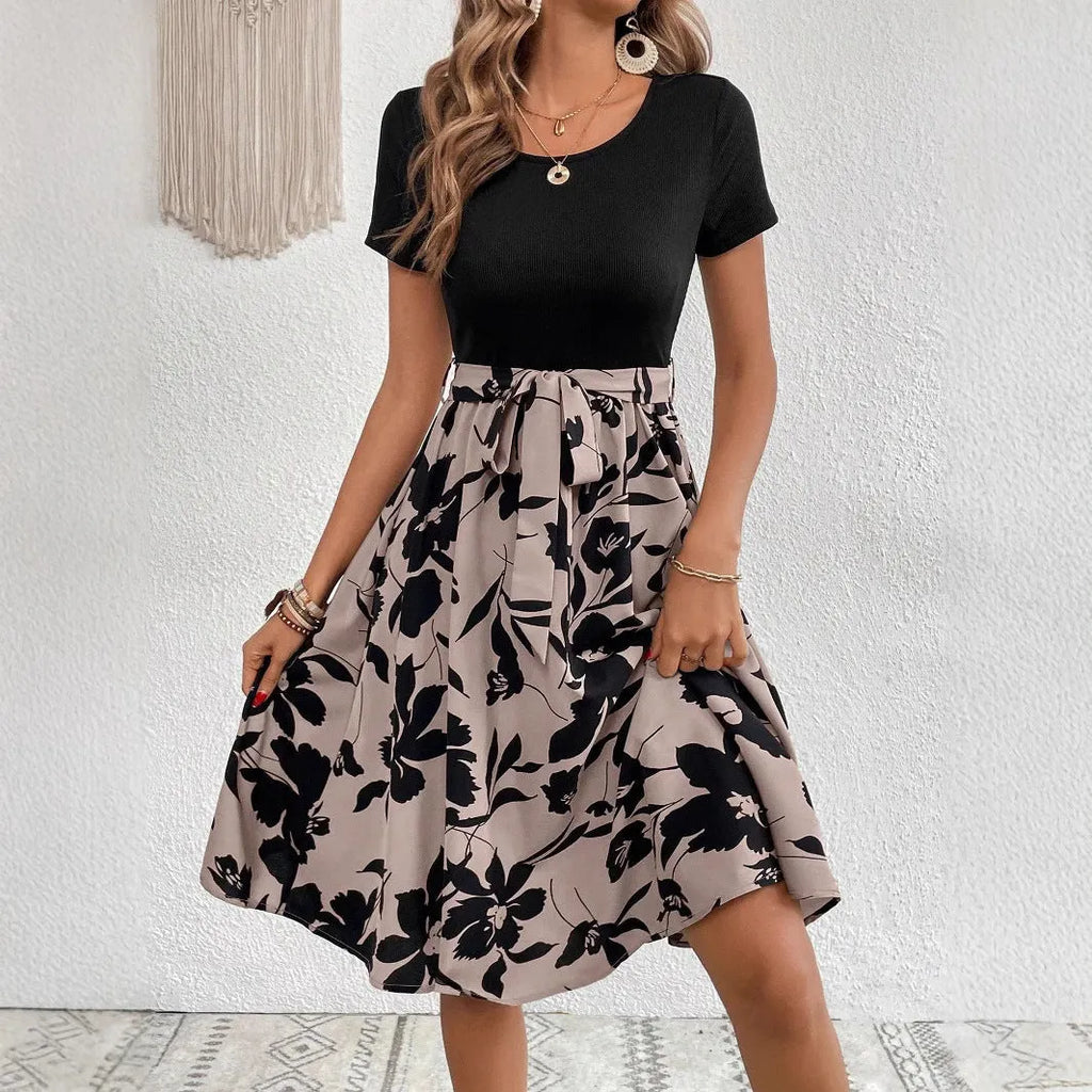 Women's casual dress with lace-up detail and plant printing pattern in A-line silhouette