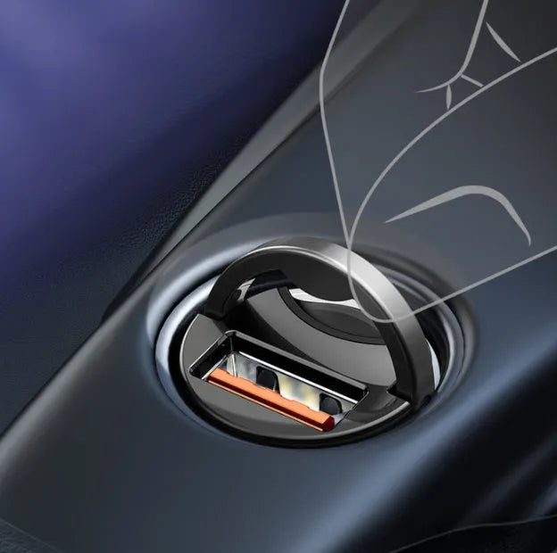 Grey Baseus 30W single USB car charger with 1 metre cable on a car dashboard
