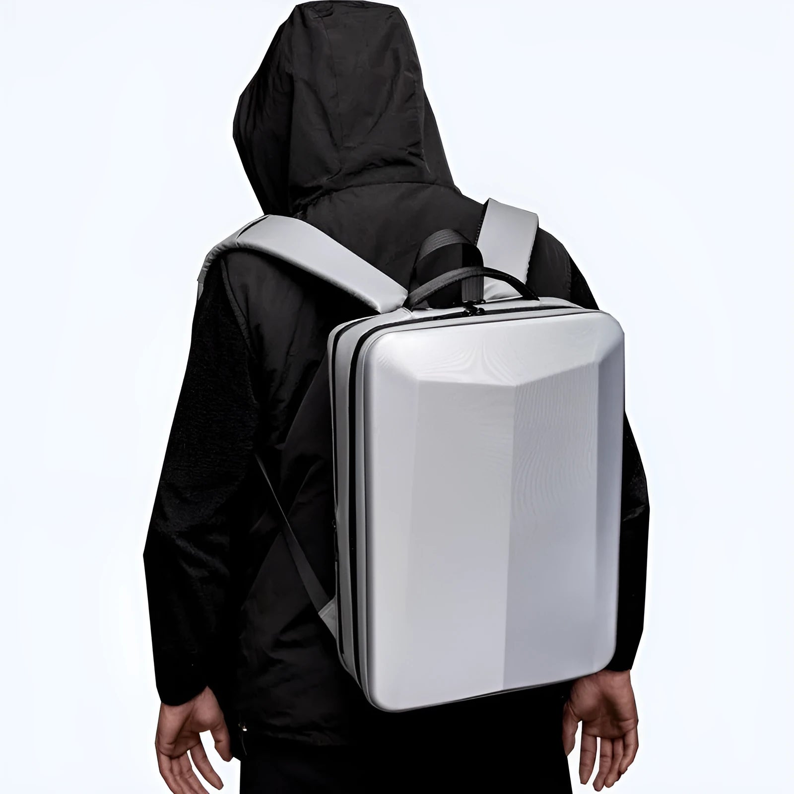 Men's waterproof business backpack with curved shoulder straps in black and silver white colour options